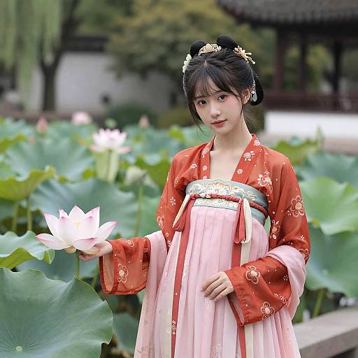 Photograph of an East Asian woman in a red floral kimono and pink dress, holding a white lotus flower, standing among large green lotus