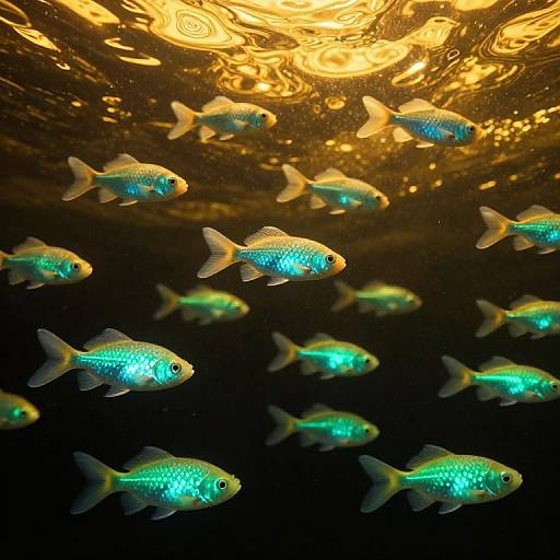 Photograph of glowing blue-green fish with yellow highlights swimming in a dark underwater environment, illuminated by a bright, golden light from above.