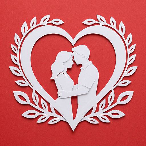 White silhouette of a couple kissing within a heart-shaped, leafy frame on a vibrant red background, digital illustration.