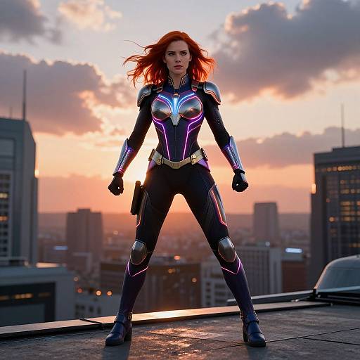 Photorealistic CGI of a red-haired woman in a neon-accented black superhero suit, standing confidently on a rooftop at sunset, with a city