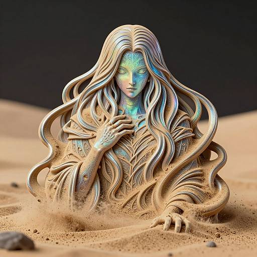 CGI sculpture of an ethereal, blue-lit woman with flowing, wavy hair emerging from golden sand, hands gently touching chest.