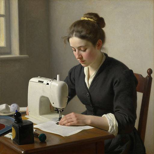Photograph of a focused young woman with fair skin and brown hair in a bun, sewing on a white sewing machine in a dimly lit room.