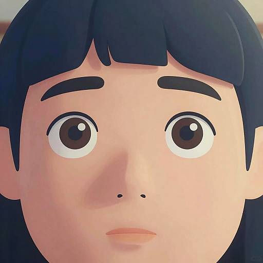 Close-up digital illustration of a young anime-style character with large, round brown eyes, black straight hair, and a small black mole on the left cheek