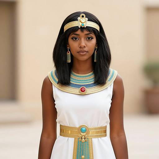 Photograph of a young Black woman in an ancient Egyptian-inspired outfit with a white dress, gold and turquoise accessories, and a black bob haircut, standing