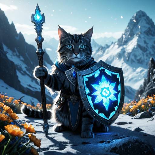 Magical Cat Warrior with Shield and Staff in Frosted Mountains
