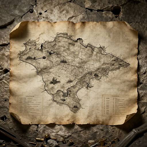 Antique-style map on aged, yellowed paper with torn edges, detailing a detailed black ink city layout, resting on a textured, cracked stone background