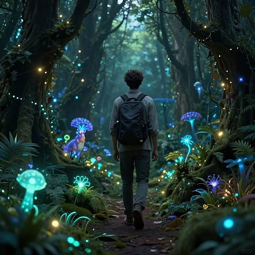 Digital illustration of a person with curly hair and backpack walking through a glowing, enchanted forest filled with bioluminescent mushrooms and fireflies.