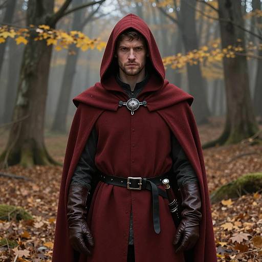 Medieval Man in Red Hooded Cloak in Autumn Forest