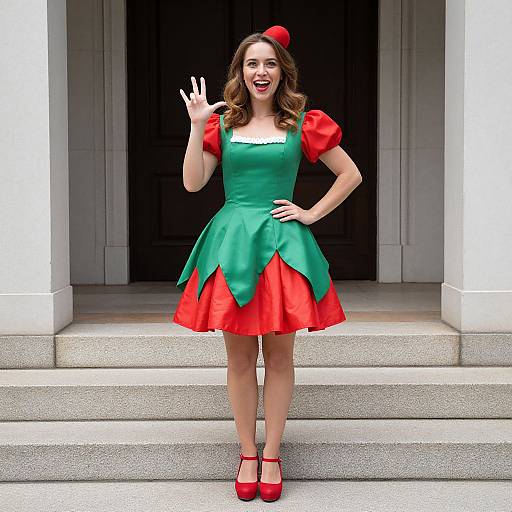 Photograph of a smiling woman with wavy brown hair, wearing a green and red dress, red shoes, and a red hat, waving at the
