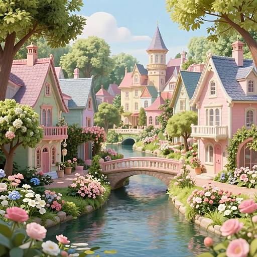Digital painting of a whimsical, pastel-colored village with pink houses, a small arched bridge over a blue river, and lush greenery adorned