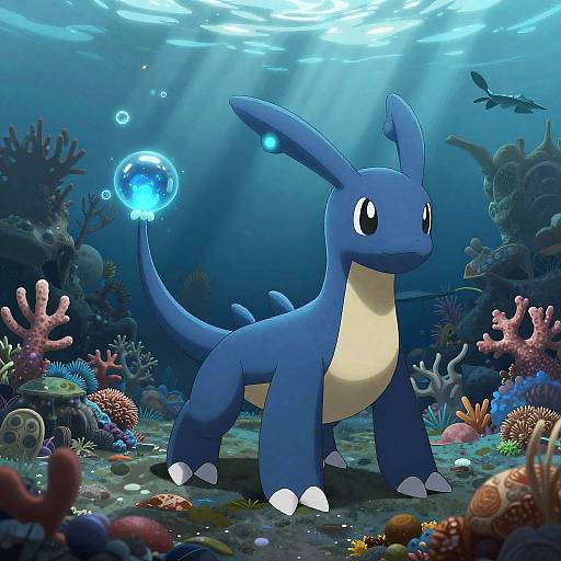 Digital illustration of a blue, aquatic, Pokémon-like creature with a glowing tail bubble, standing amid colorful coral reefs and underwater plants, bathed in sunlight