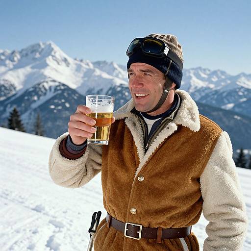 Smiling man in winter gear with brown vest, white fur trim, black beanie, and goggles, holds glass of beer in snowy mountain landscape.
