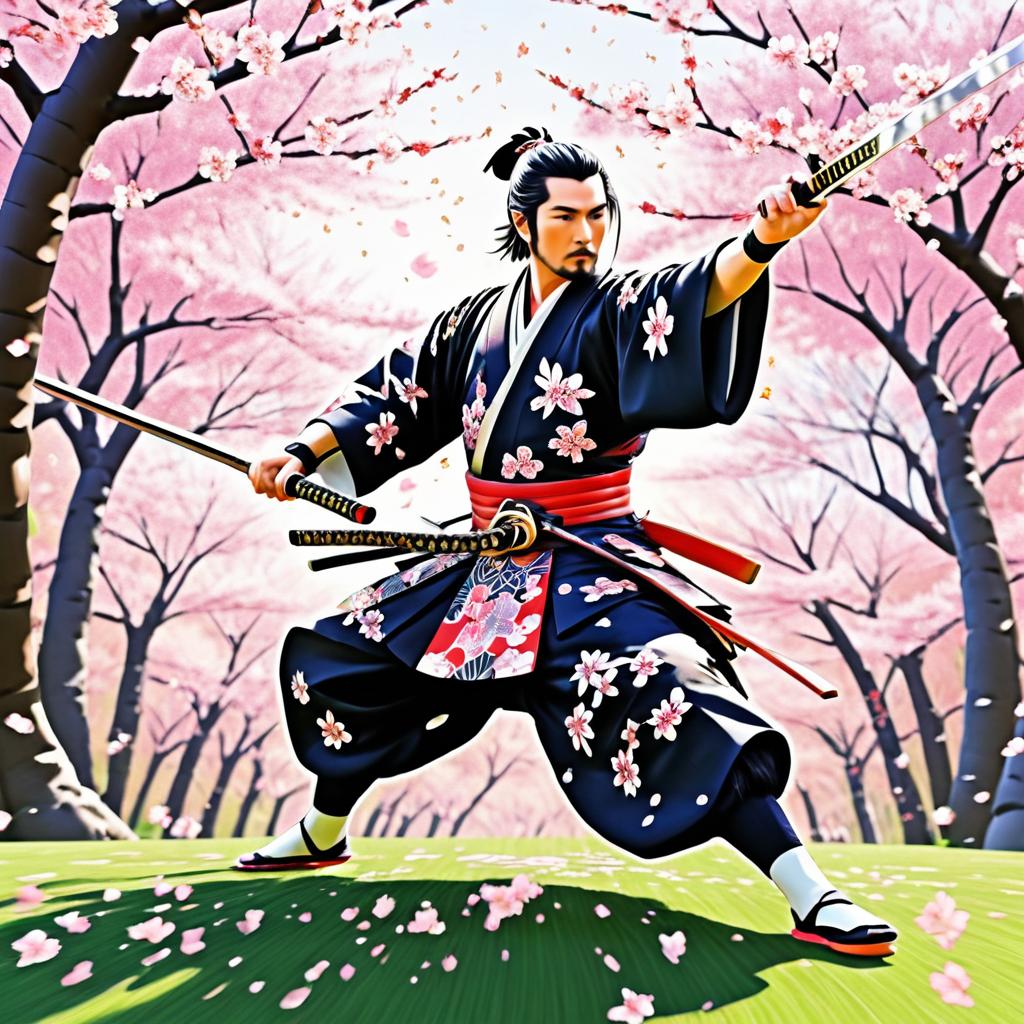 Dynamic Samurai in Cherry Blossom Grove