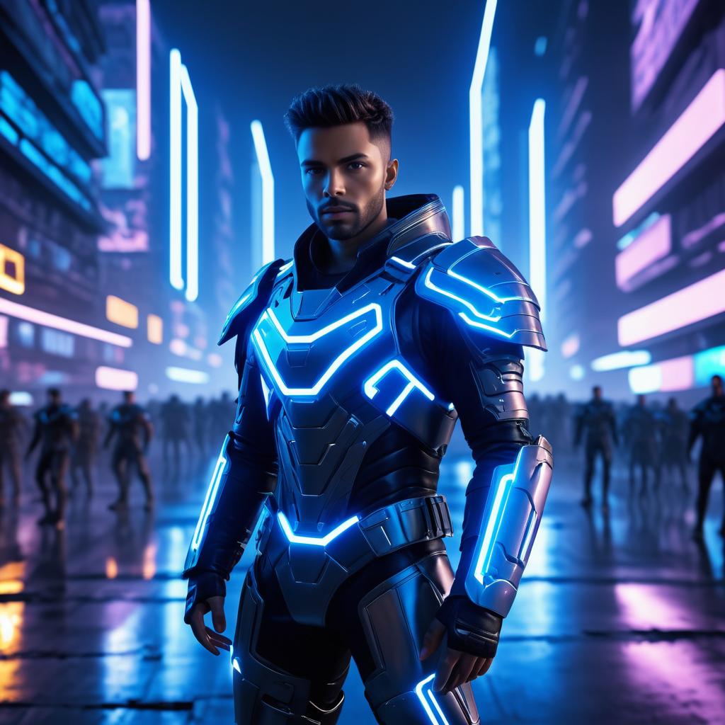 Futuristic Male Model in Dystopian City