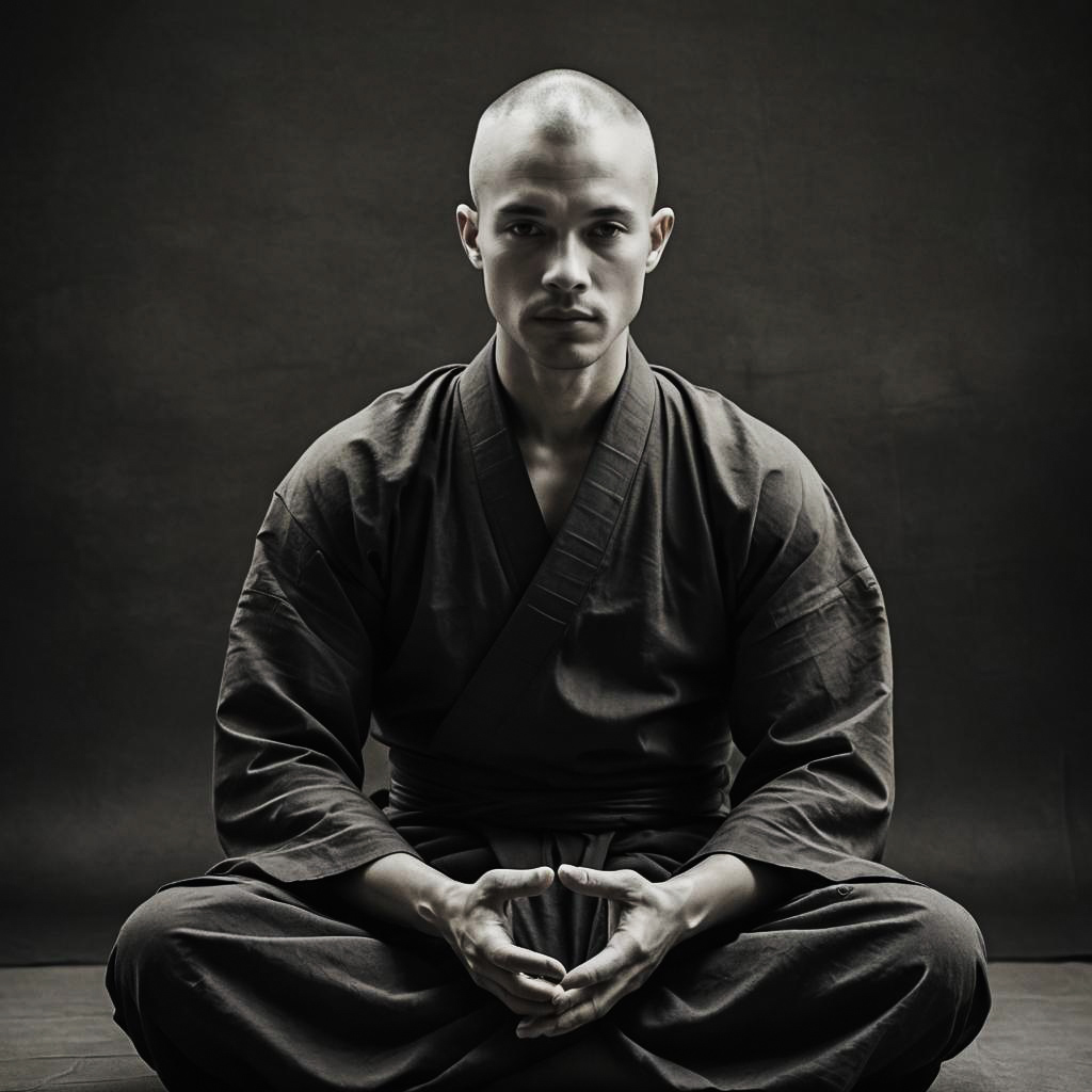 Serene Monk Portrait on Charcoal Background