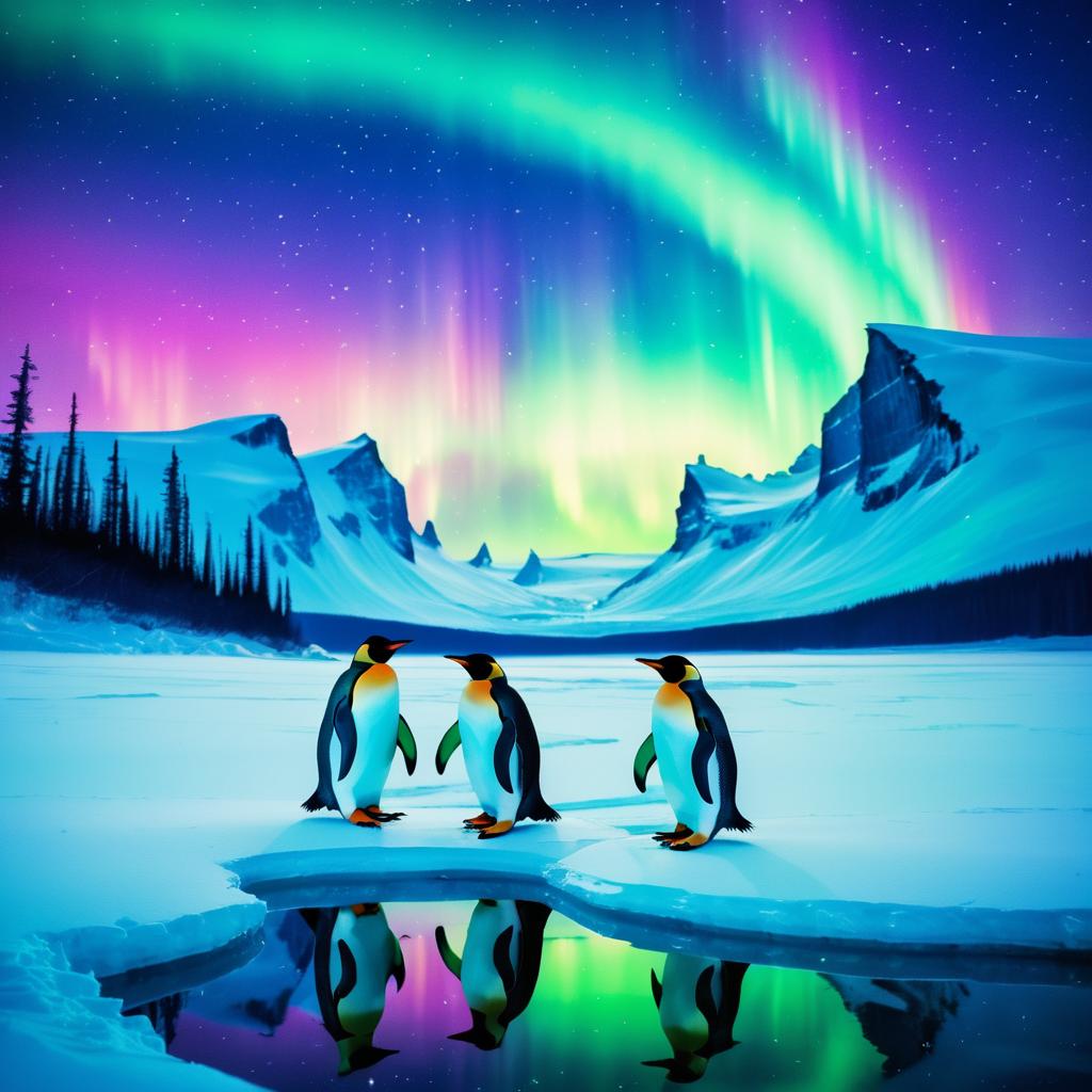 Penguins Under Aurora: Impressionist Film Art