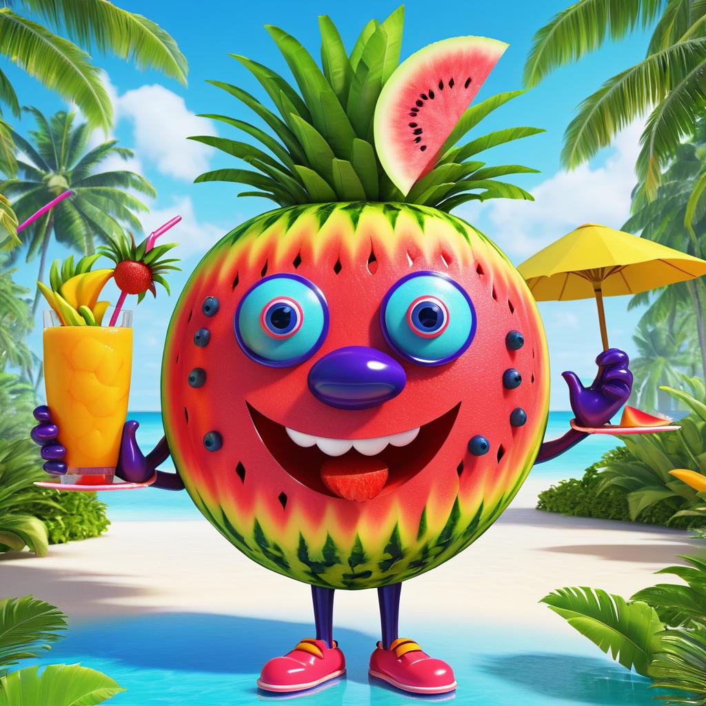 Whimsical Fruit Character in Tropical Paradise