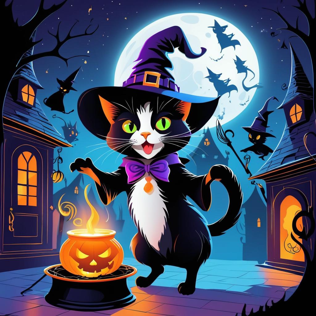 Whimsical Cat Witch in Haunted House