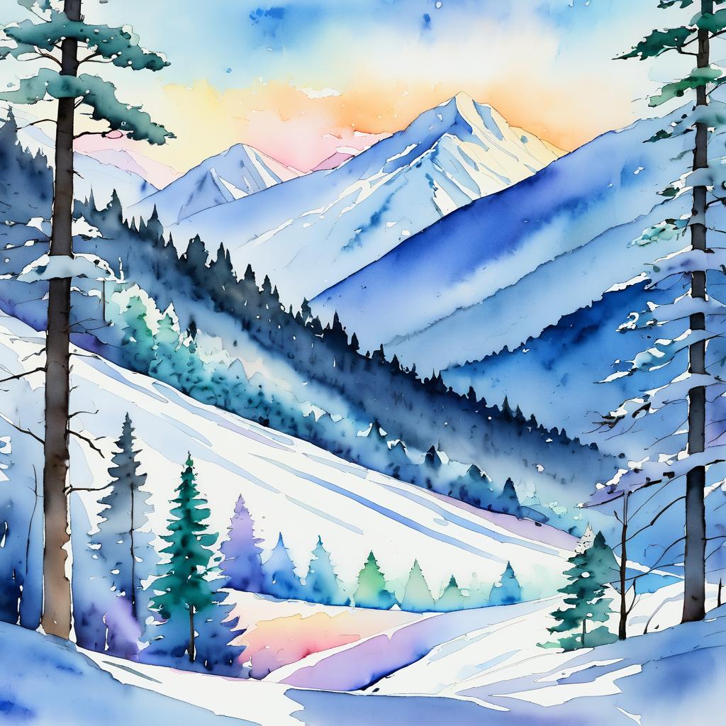 Serene Watercolor of Mountain Landscape