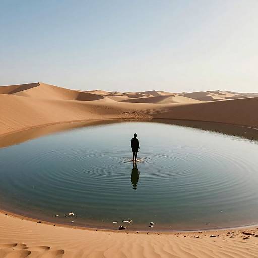 Photograph of a solitary figure standing in a circular, calm desert oasis, surrounded by golden sand dunes under a clear blue sky. Ripples eman