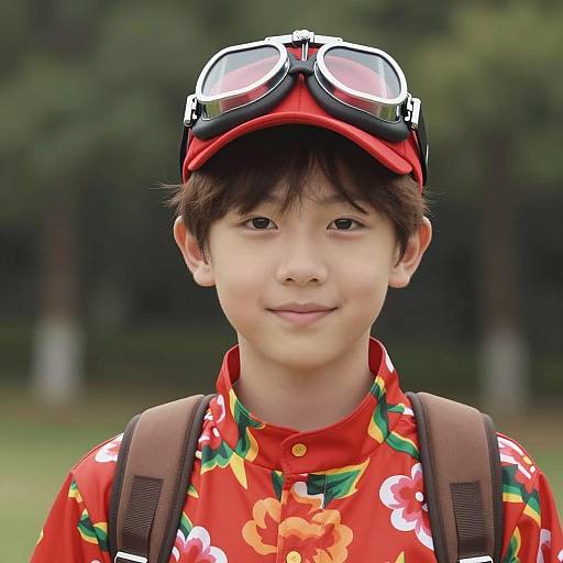Young Asian Boy in Red Floral Costume