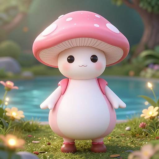 Cute, cartoonish mushroom character with pink cap, white body, black eyes, standing on grass near a glowing pond in a sunny, whimsical