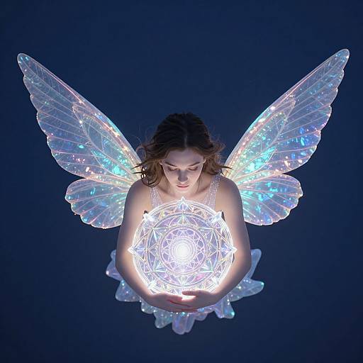 Photograph of a woman with glowing, iridescent fairy wings, holding a bright, intricate white light orb against a dark blue background.