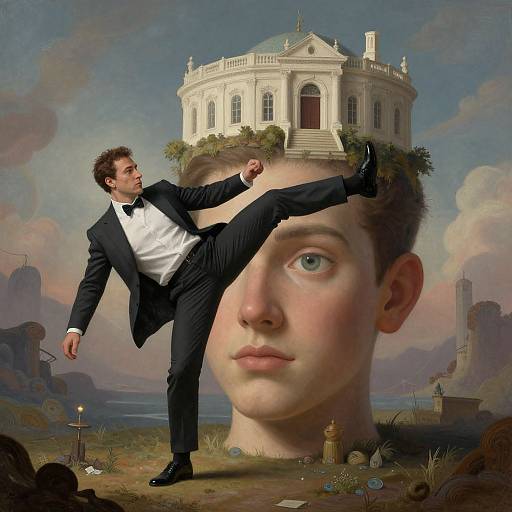 Photorealistic digital art: man in black suit kicking giant human face with classical building on head, surreal landscape, cloudy sky.
