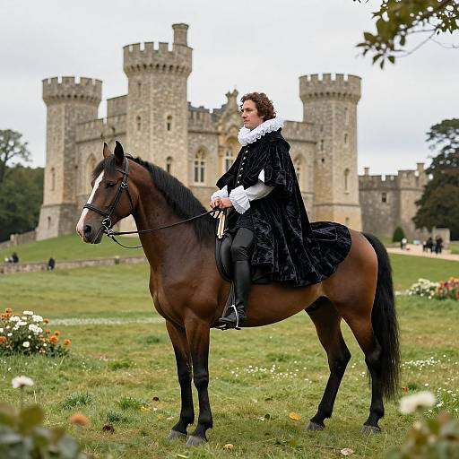 Photograph of a man in 18th-century black velvet coat and white ruffled collar, riding a brown horse in front of a medieval stone castle