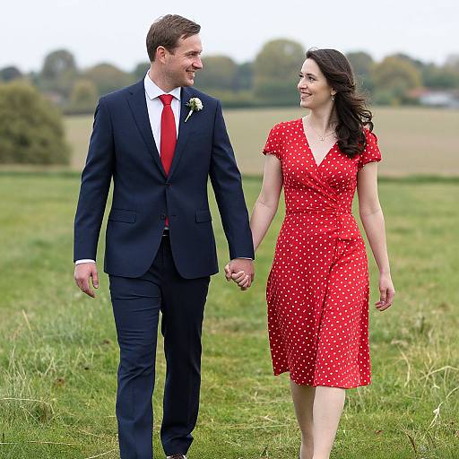 Photograph of a smiling couple holding hands outdoors; groom in black suit and red tie, bride in red polka dot dress.