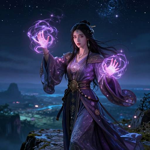 Digital artwork of a mystical woman in a purple, ornate robe, floating ethereal purple flames on her hands, against a starry night sky and