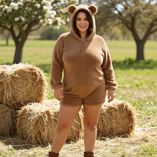 Photograph of a smiling woman in a brown bear-themed fuzzy hoodie and shorts, standing in a sunny, green field with hay bales and trees in