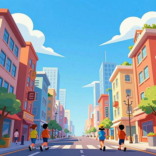 Bright, colorful digital art of a sunny urban street with four children walking, surrounded by vibrant buildings and blue sky.