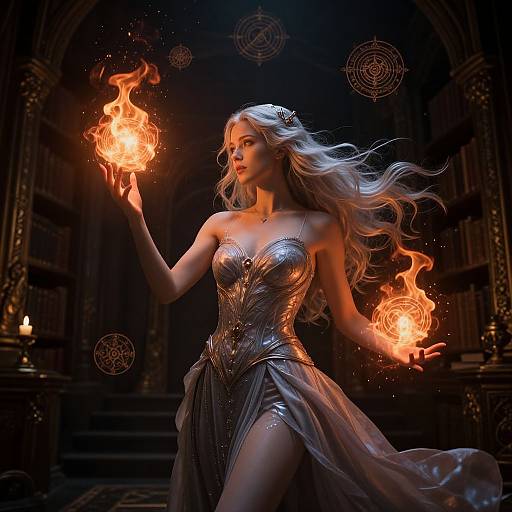 Digital artwork of a blonde, fair-skinned sorceress in a metallic, strapless gown, conjuring fiery orbs in a dark, gothic