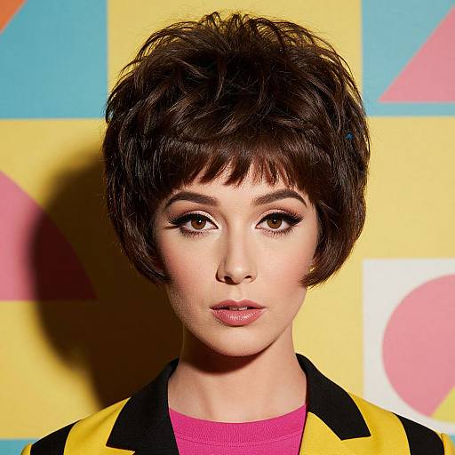Photograph of a young woman with short, dark brown, layered hair, wearing a yellow and black jacket over a pink top, against a colorful geometric