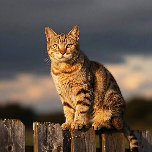 Blonde Tabby Cat at Sunset Fence