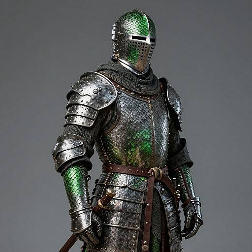 Photorealistic CGI of a medieval knight in shimmering silver armor with green highlights, wearing a green-misted visor and brown belt.
