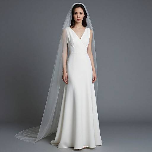 Photograph of a dark-haired woman wearing a white, V-neck, sleeveless wedding gown with a long, sheer veil, standing against a gray background