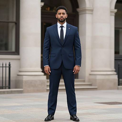 Photograph of a well-dressed, bearded Black man in a dark navy suit, white shirt, and black tie, standing confidently in front of