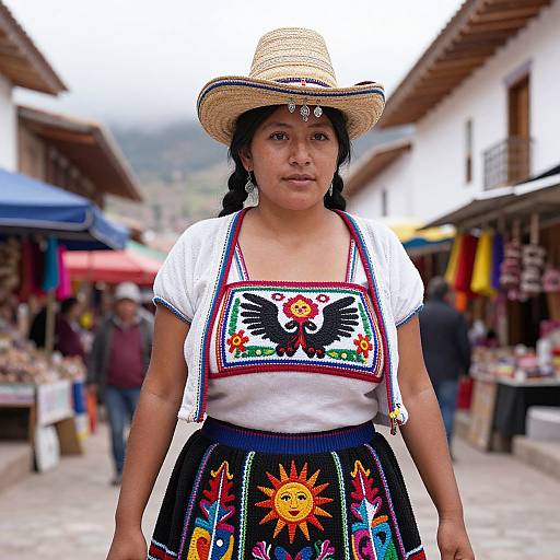 Photograph of a young Indigenous woman in traditional Andean attire, wearing a straw hat, white blouse, and black skirt with vibrant sun and eagle embroidery