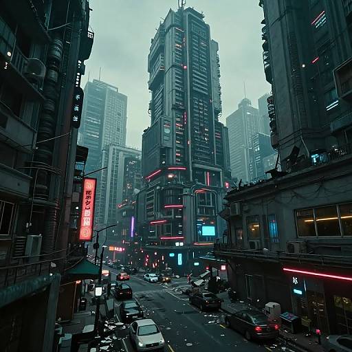 Cyberpunk cityscape photograph: dark, towering skyscrapers with neon lights, busy street with cars, pedestrians, and vertical signs, overcast