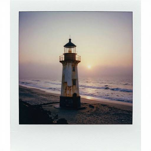 Photograph of a weathered lighthouse standing on a sandy beach at sunset, with the sun glowing behind it, casting a warm, golden light over