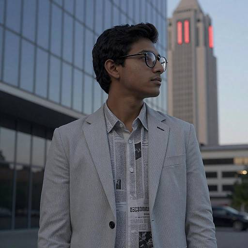 Young Man in Gray Blazer with Cityscape Background