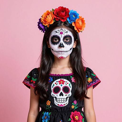 Photograph of a young girl with dark hair, wearing a black floral dress, skull face paint, and a colorful flower crown, against a pink background