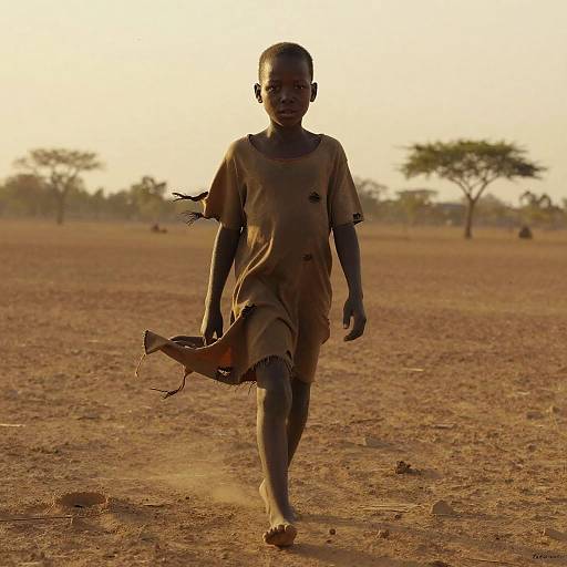 Photograph of a young African boy in a tattered brown shirt and shorts, running barefoot across a dry, sunlit savanna with sparse trees