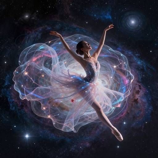 Photograph of a ballerina in a sparkly blue dress and white tutu, floating in space with swirling, ethereal, glowing fabric and