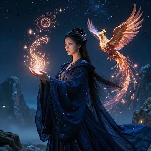 Digital art: East Asian woman in dark blue robe holds glowing magical orb, with a golden phoenix soaring beside her under a starry night sky.