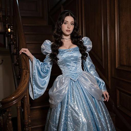 Photograph of a young woman with long, wavy dark hair in a shimmering, light blue, puffed-sleeve princess gown, standing