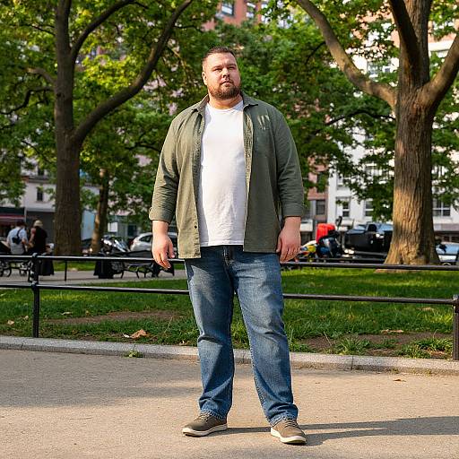 Photograph of a bearded man with a medium build, wearing a green jacket, white shirt, blue jeans, and sneakers, standing in a sunny