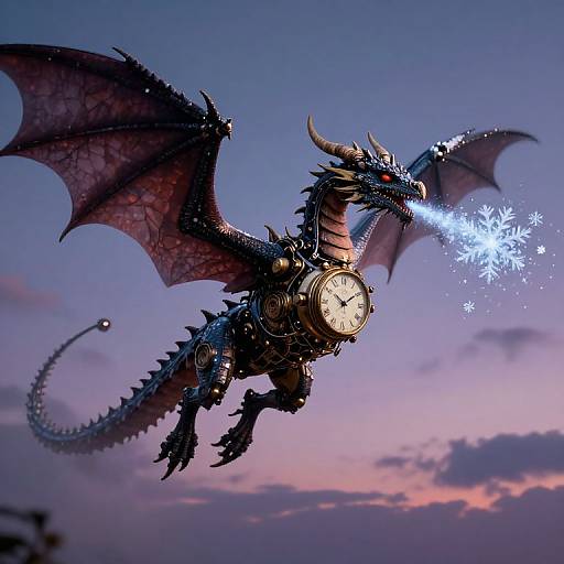 Photorealistic CGI of a metallic, clock-adorned dragon with glowing blue breath and snowflakes, flying against a purple and pink twilight sky